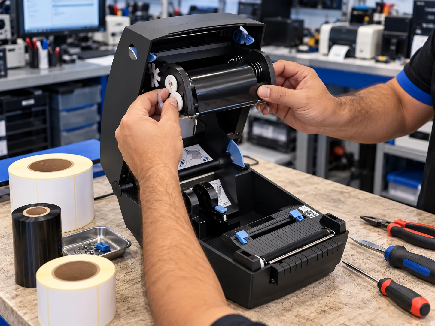 Técnico da Vista Informática consertando impressora de etiquetas Zebra e Elgin L42 Pro na bancada em Itaquaquecetuba